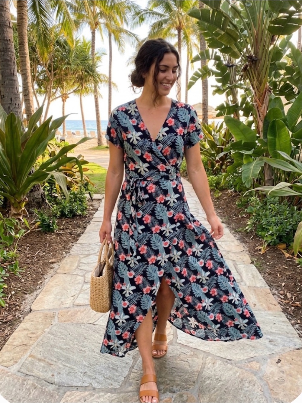Roxy Floral Wrap Maxi Dress - Black with Coral & Green Floral